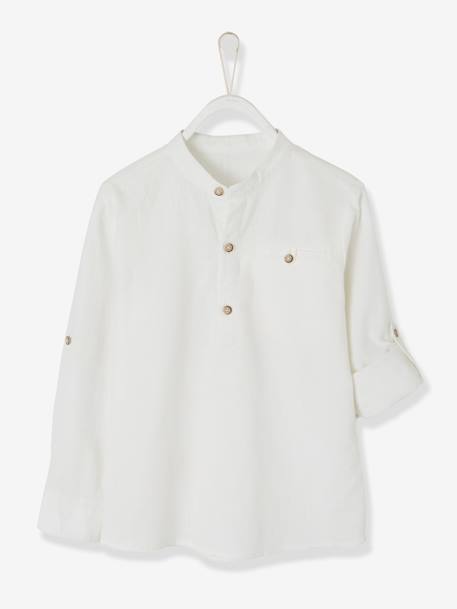 Camisa de lino/algodón para niño con cuello mao, de manga larga AZUL FUERTE LISO+Blanco claro liso+VERDE MEDIO LISO 