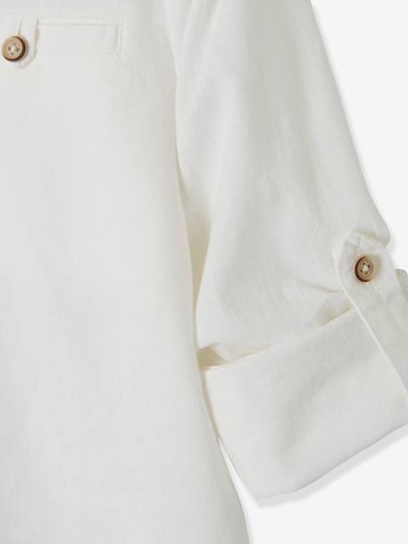 Camisa de lino/algodón para niño con cuello mao, de manga larga AZUL FUERTE LISO+Blanco claro liso+VERDE MEDIO LISO 