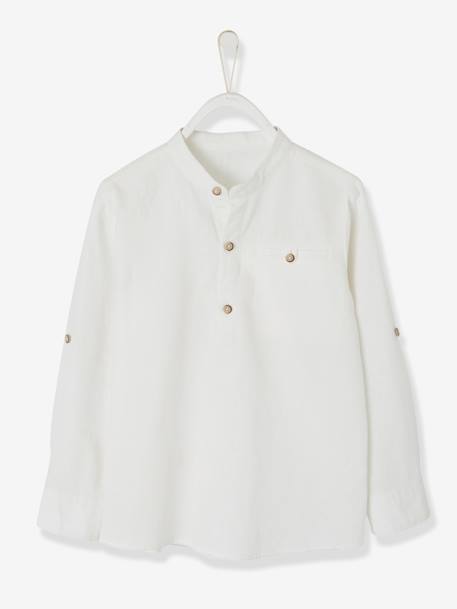 Camisa de lino/algodón para niño con cuello mao, de manga larga AZUL FUERTE LISO+Blanco claro liso+VERDE MEDIO LISO 