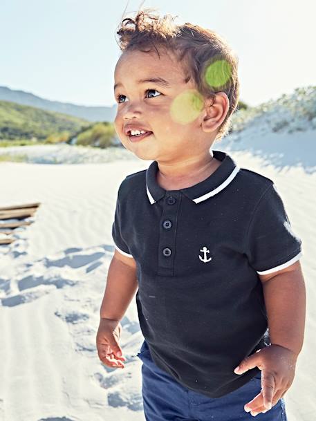 Polo Para Bebe Nino Con Bordado En El Pecho Azul Oscuro Liso Vertbaudet