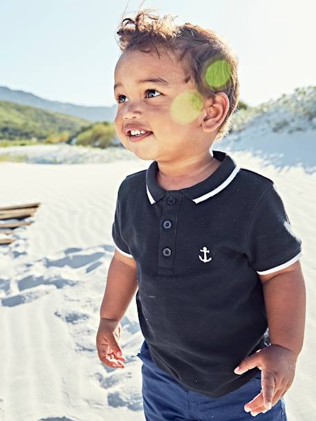 Polo personalizable para bebé niño con bordado en el pecho Azul oscuro liso+blanco 