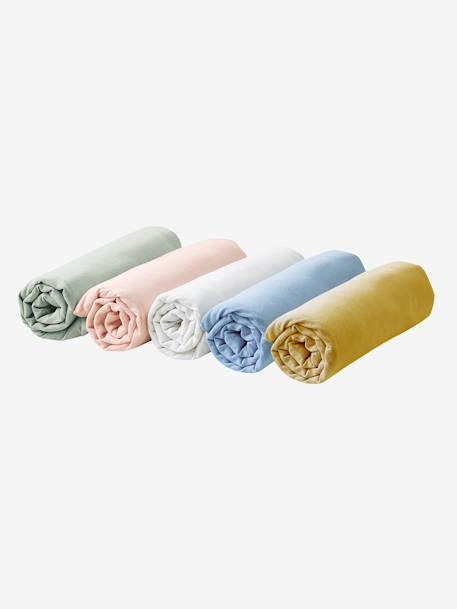 Pack de 2 sábanas bajeras de punto elástico bebé AMARILLO OSCURO LISO+Gris+Rosa palido+Verde medio liso 