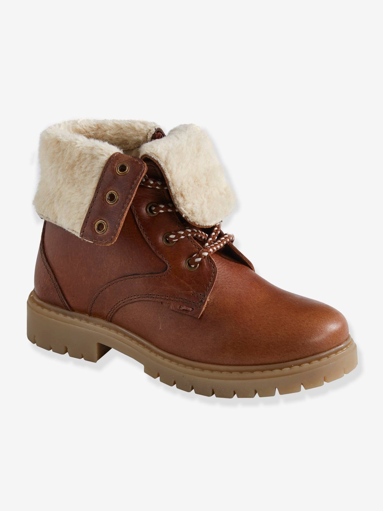 Botines de piel para niño con vuelta de pelo sintético marron oscuro liso -  Vertbaudet